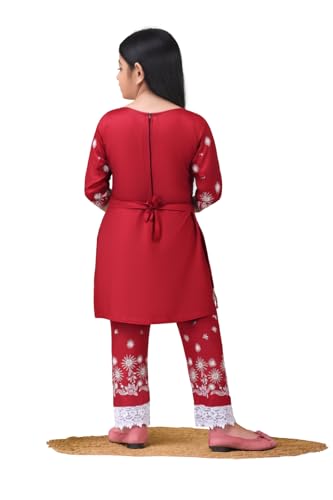 Image of Girls Traditional Rayon Salwar Suit Set with White Embroidery, 3-Piece Ethnic Wear with Lace Detail and Floral Pattern