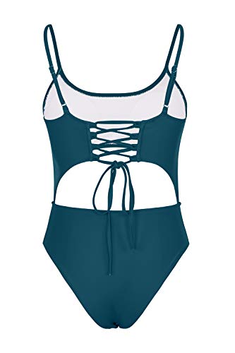 Image of Meyeeka Womens Scoop Neck Cut Out Front Lace Up Back High Cut Monokini One Piece Swimsuit
