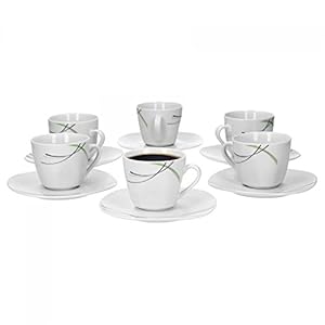 Van Well 6-delige set koffiekopjes 20cl en koffieschoteltje 14,5 cm Donna – wit porselein met lijndecoratie in zwart, grijs en groen