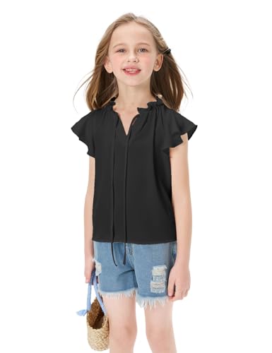 Image of Teen Girls Black Flying Short Sleeve Shirts, Ruffle Chiffon Kids Summer T Shirt Blouse, Casual Cute V Neck Girls Black Top Tees, Size 13-14 Years