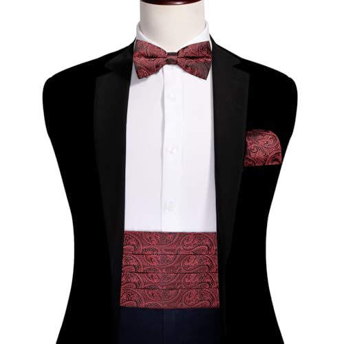 Image of Barry.Wang Men Silk Paisley Cummerbund and Pre-tied Bowtie Handkerchief Cufflink Set for Tuxedo