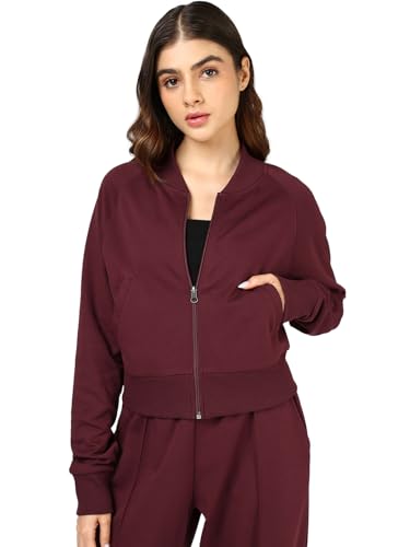 Image of Bewakoof Women's Solid Regular Fit Raglan Sleeve High Neck Polycotton Crop Zipper Sweatshirt