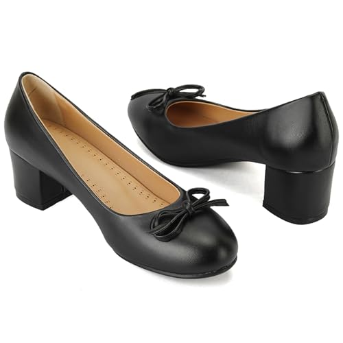 Women's Round Toe Chunky Heel Loafers Slip-on Pumps Dress Shoes with Bows 6
