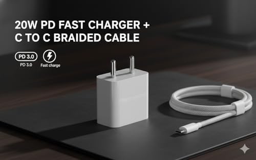 Image of KAIMENGLONG 20W PD Rapid Charger with USB-C to USB-C Braided Cable Compatible for iPhone 16 /15 & iPad 10th Gen Original Charging Speed (White)