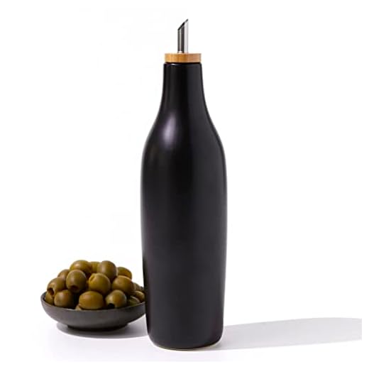 Grace Homewares Olive Oil Dispenser Bottle Stoneware Ceramic for EVOO or Vinegar | Modern Design | Large Capacity 16.9 ounce | Oil Container | Black