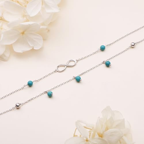 Image of Flyow Anklet for Women S925 Sterling Silver Adjustable Foot Beaded Heart Charm Ankle Bracelet Anklets Jewelry