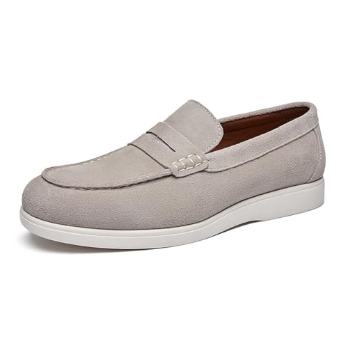 Men's Suede Flats Vintage Penny Loafers Classic Round Toe Hand-Stitched Breathable Comfortable Work Casual Moccasins