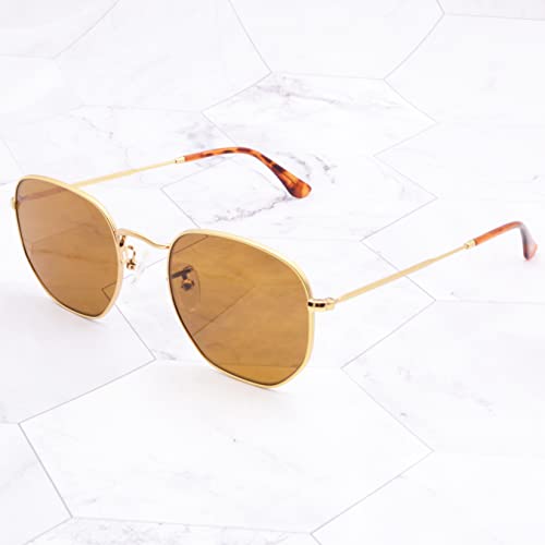Image of Retro Glass Lens Hexagonal Sunglasses for Men Women Vintage Square Metal Frame Flat Lens Sun glasses