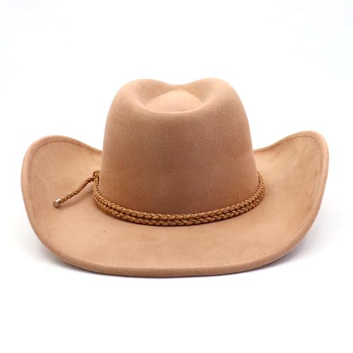 Image of Western Cowboy Hat for Women Men Wide Brim Cowboy Hat for Women with Woven Buckle Belt Suede Classic Fedora Hats