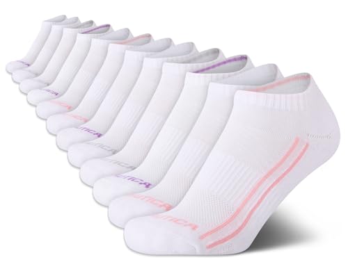 Image of Nautica Womens No Show Socks Moisture Wicking Low Cut Ankle Socks, 12 Pack | Moisture Wicking Dri-Motion Fabric, Cushioned Key Areas, Banded Arch Support, No Show Low Cut, Shoe Size 4-10
