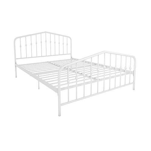 Novogratz Bushwick Queen Bed Frame Metal with Slightly Triangular Headboard, Inset Spindles, Adjustable Base for Storage, No Box Spring Needed, Off White