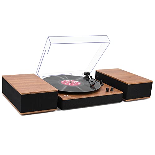 Bluetooth Record Player, Giradischi HiFi System con libreria altoparlante, trasmissione a cinghia a 3 velocità, in vinile, per registrazioni in vinile con riproduzione wireless e autostop