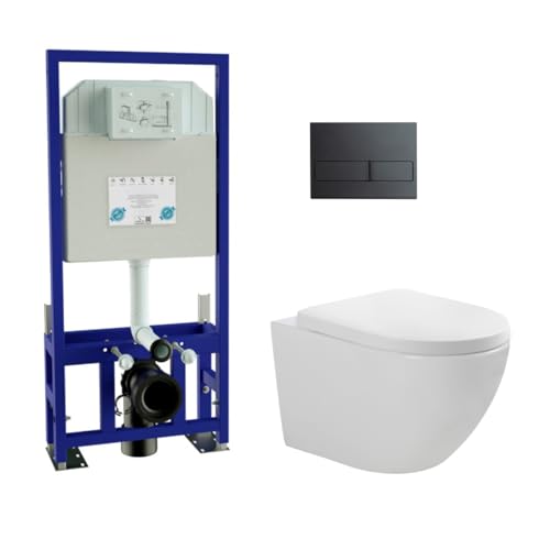 Pack Inodoro Suspendido Blanco Brillo y Cisterna Empotrada Autoportante con Pulsador Negro | Inodoro Suspendido Blanco Brillo Rimless Sin Borde de Fondo Reducido y Asiento Extrafino