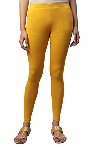 Image of Aurelia Yellow Solid Cotton Blend Leggings for Women