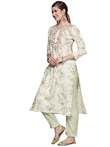 Image of ishin Women's Off White Gotta patti A-Line Kurta set With Trouser and Dupatta