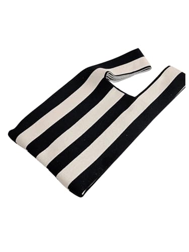 Bolsa feminina pequena de crochê com nó de pulso, bolsa de malha fofa, Preto e branco, one_size