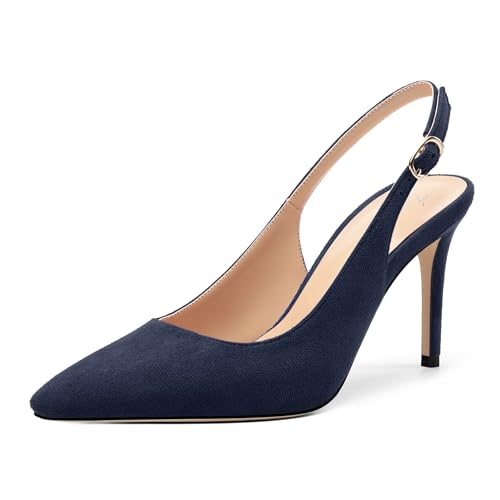 Women's Slingback Suede Pointed Toe Wedding Dress Buckle Comfort Stiletto High Heels Pumps Shoes 3.35 Inch