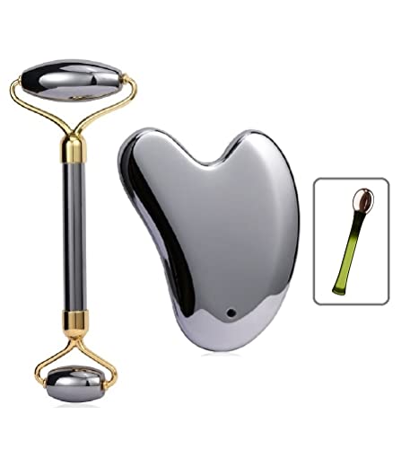 SAEEYCUE Authentic Terahertz Stone Gua Sha Facial Massage Eye Depuffer Roller Set
