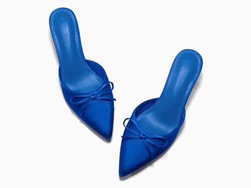Image of Coutgo Womens Kitten Heels Mules with Bow Satin Slip on Pumps Closed Pointed Toe Dress Wedding Party Shoes