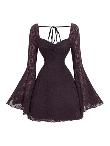 Image of WDIRARA Women's Floral Jacquard Mesh Gothic Dress Bell Long Sleeve A Line Vintage Dresses | Mesh fabric, A-line, vintage