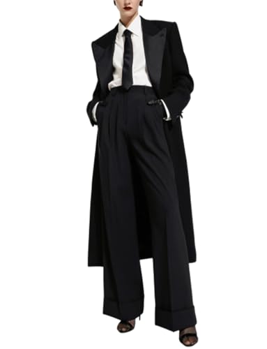 Women's 2 Pieces Suit, One Button Tuxedos Set, Casual Loose Long Jacket and Pants with Pockets
