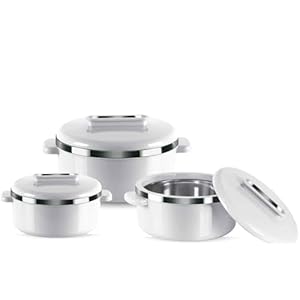 Curve Insulated Hot Pot Set Thermal Food Container with Stainless Steel Food Warmer Lining, 3pc Hot Pot Casserole Keeps Hot & Cold for 6 Hours, White, Ideal for Serving Soup & Salads