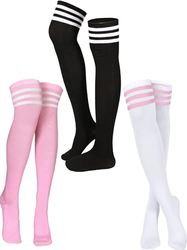 SATINIOR 3 Pairs Knee High Socks Thigh High Triple Stripe over the Knee Thigh High Long Socks Long Opaque Thigh Stockings(Black White Pink One Size)