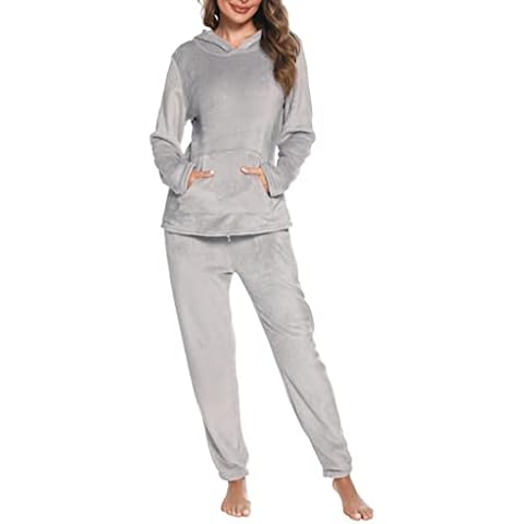 Lovasy Fleece Pyjamas for Women Ladies Fluffy Fleece Hooded Pyjamas Warm Fluffy Pjs for Women Sets Winter Pajamas for Women UK 2 Piece Women's Fluffy Pyjama Loungewear Sets with Pockets,Grey,XL Cover