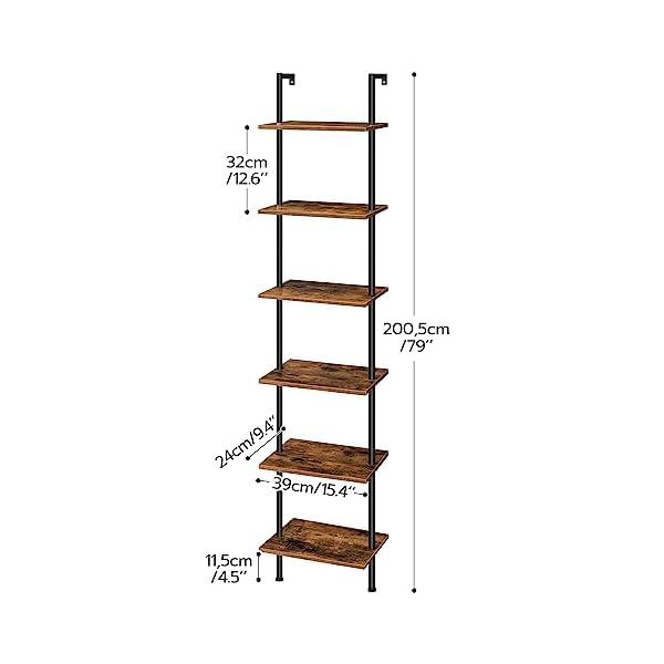 Hoobro diy ladder shelf 6 tier wooden wall mounted bookshelf narrow bookcase display shelf storage rack plant stand for living room bedroom study balcony rustic brown and black bf651cj01  urban country home decor