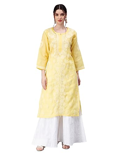 Image of Seva Chikan Hand Embroidered Lucknowi Chikankari Appricot Cotton Kurta Kurti for Women SCL4321