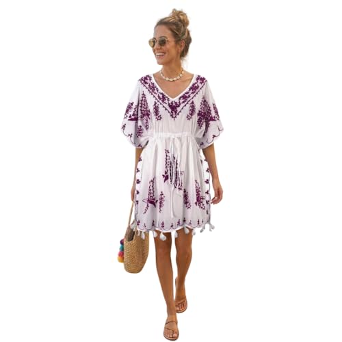 Peach Couture Summer Womens Boho Cotton Floral Embroidered Cover-up Beachwear Kaftan Tunic White Purple