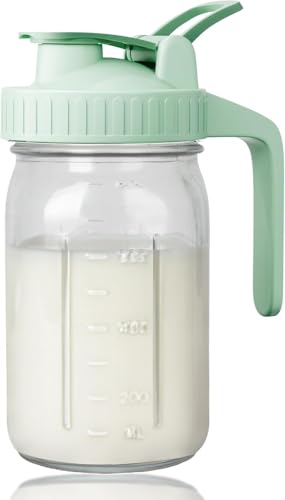 Jarra de leche materna de 32 onzas – 1 tarro de vidrio con tapa a presión y boquilla de vertido, 100% hermética a prueba de fugas para té frío, jugo, café helado