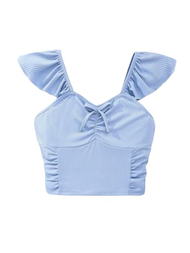 WDIRARA Girl's Ruffle Trim Crew Neck Tank Top Summer Vacation Ruched Cute Cami Tops