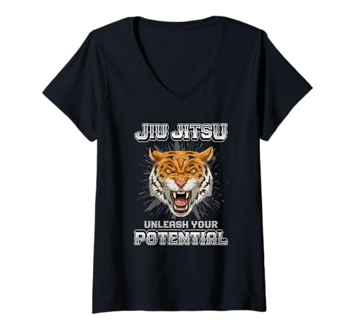 Donna Brazilian Jiu Jitsu MMA and Grappling BJJ Tiger Head Maglietta con Collo a V