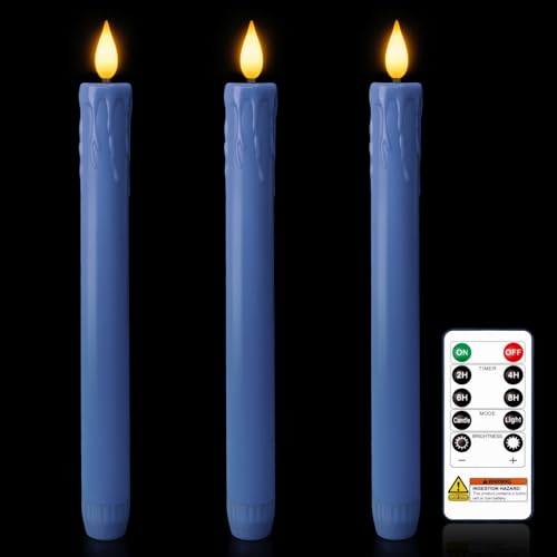Image of Homemory 3 Pcs Waxy Blue Flameless Taper Candles with Remote Timer, LED Fake Candlesticks, 9.6 Inches Battery Tall Candle with 3D Flickering Flame for Wedding, Dinner, Christmas Anniversary Decor