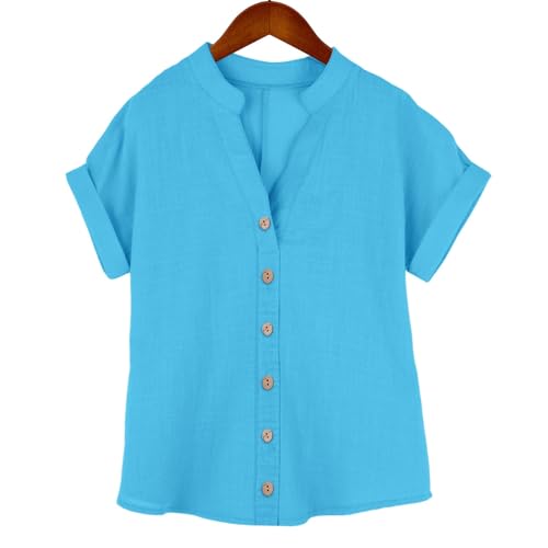 Cotton Linen Shirts for Tween Girls Short Sleeve V Neck Shirts Oversized Tunic Blouses Trendy Tops Cute Summer Blouses3