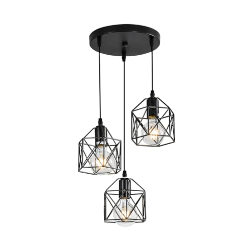 DELIPOP 3 Luces Lámparas Colgantes Vintage Industrial, Lámparas de Techo Diseño de Jaula de Hierro Negro, Iluminación E27 Retro Luz Colgante Para Cocina Comedor Sala de estar (Sin Bombillas)