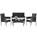 DUMOS 4 Piece Patio Furniture Set, All-Weather Outdoor Wicker Conversation Set with Removable Cushions & Tempered Glass Coffee Table, for Porch, Balcony, Lawn, Backyard Black