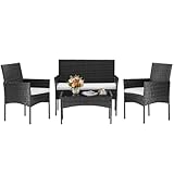 DUMOS 4 Piece Patio Furniture Set, All-Weather Outdoor Wicker Conversation Set with Removable Cushions & Tempered Glass Coffee Table, for Porch, Balcony, Lawn, Backyard Black