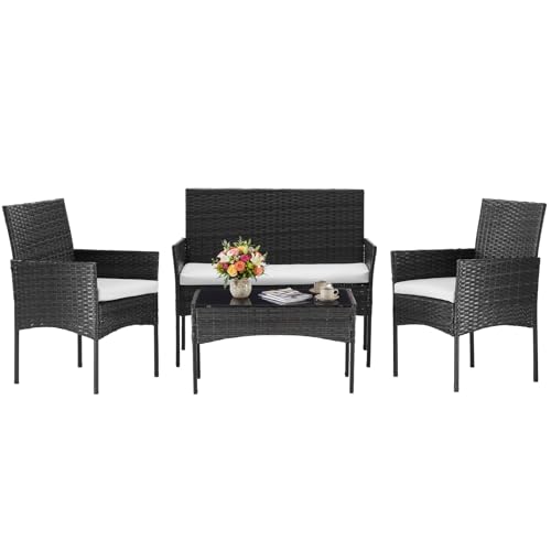 DUMOS 4 Piece Patio Furniture Set, All-Weather Outdoor Wicker Conversation