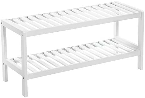 SONGMICS 2 Tier Bamboo Shoe Rack, Shoe Bench, Entryway, Living Room, Bathroom, 70 x 26 x 33 cm, White LBS02WT