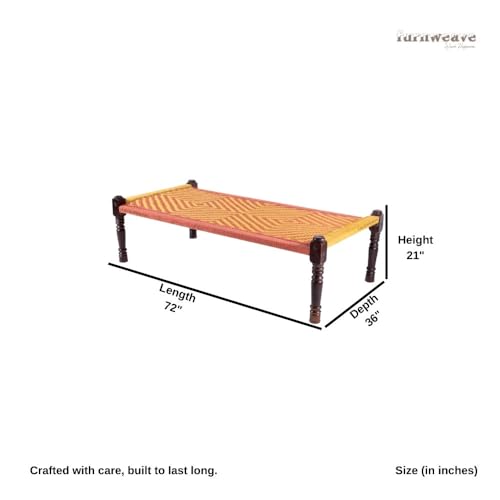 Image of Solid Sheesham Wood Charpai Khat Bed | Wooden Khatiya Charpai Desi | Handcrafted Khatiya Bed with Cotton Rope | Strong Khat for Indoor & Outdoor Use | 6X3 Feet | Orange and Yellow
