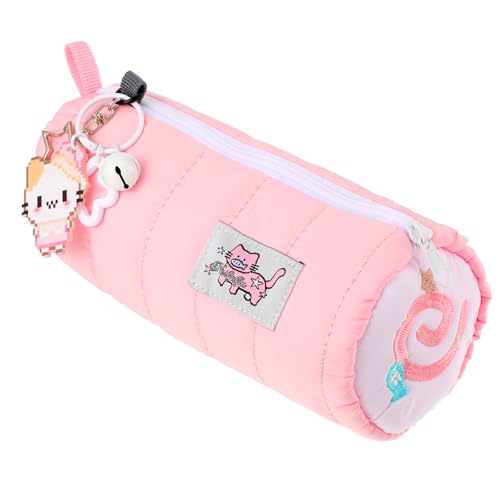 Shimmeroo Pink Kawaii Pencil Case with Cat Keychain Cream Roll Cartoon Large Capacity Cute Cat Makeup Bag with Zipper for Women Makeup Brushes Stationery Pens Valentines Day Gift