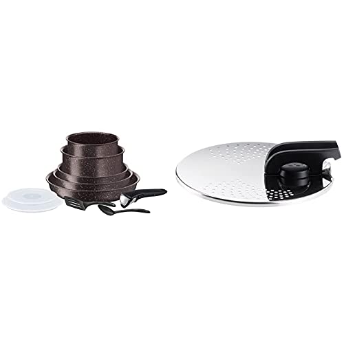 Tefal Ingenio Extrême Effet Pierre Batterie de Cuisine 10 p Antiadhésives, Induction, Poêles, Casseroles, Couvercles Hermétiques & Ingenio Couvercle Égouttoir 14/16 / 18/20 cm, fabriqué en France