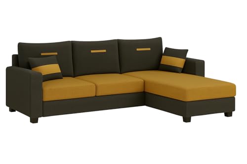 Image of CASASTYLE Dreamon 4 Seater Fabric RHS L Shape Sofa Set (Yellow-Dark Grey) | Velvet Finish | Comfortable Sectional Sofa for Living Room