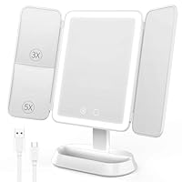 FRANO Vanity Mirror with Lights - Rechargeable Lighted Makeup Mirror | 1X/3X/5X Magnification, Smart Touch, 3 Colors Dimmable | Portable Trifold Mirror for Travel for Women and Girls