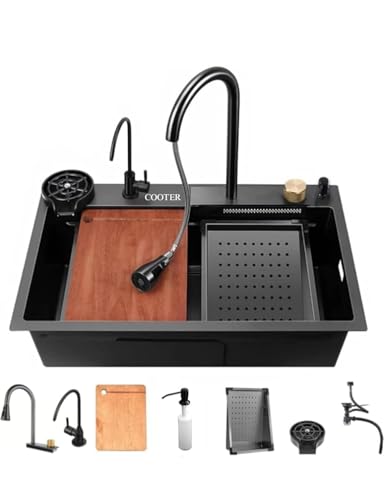 Image of COOTER 24 inchx18 inchx9 inch 304 Grade Waterfall Kitchen Sink with Integrated Waterfall and Pull Down Faucet, Fruit Basket with Complete Accessories Black Matt