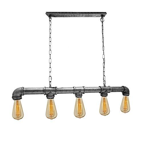 Lámpara de techo de metal estilo retro industrial de 5 vías, estilo steampunk, para colgar en el techo, para bares, cafeterías, clubes (plata cepillada con bombilla)