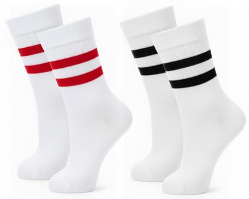 Syhood 2 Pairs Women's Striped Crew Socks Cozy Casual Cotton Breathable Socks for Women Retro Athletic Unisex(White,Red,Black)