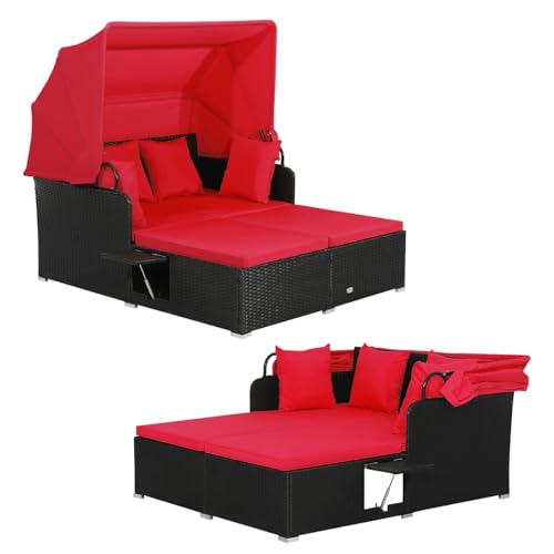 Multigot 2 Seater Rattan Daybed, Patio Double Wicker Recliner Sunbed with Retractable Canopy, 2 Folding Tables and Cushion, Outdoor Chaise Lounger Garden Furniture for Balcony Backyard (Red)